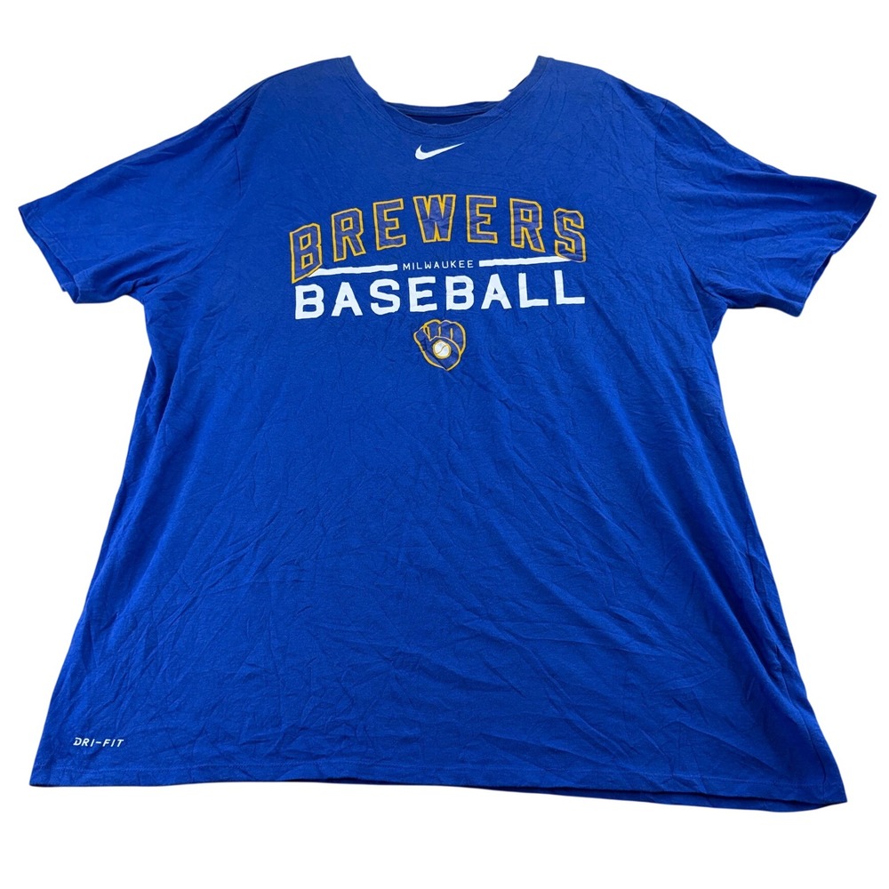 Nike T-Shirt Mens XXL Blue Milwaukee Brewers Baseball Dri-FIT Athletic Tee